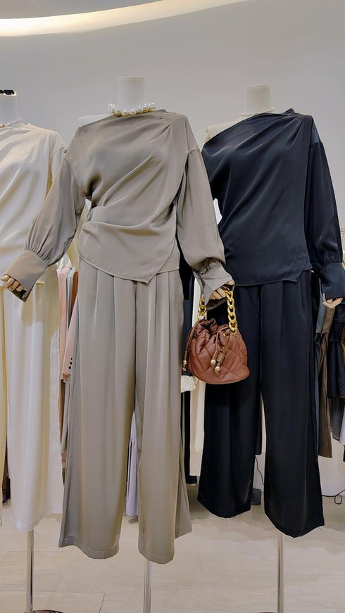 Satin Collar Down Long Sleeves Blouse With Trousers Sets
